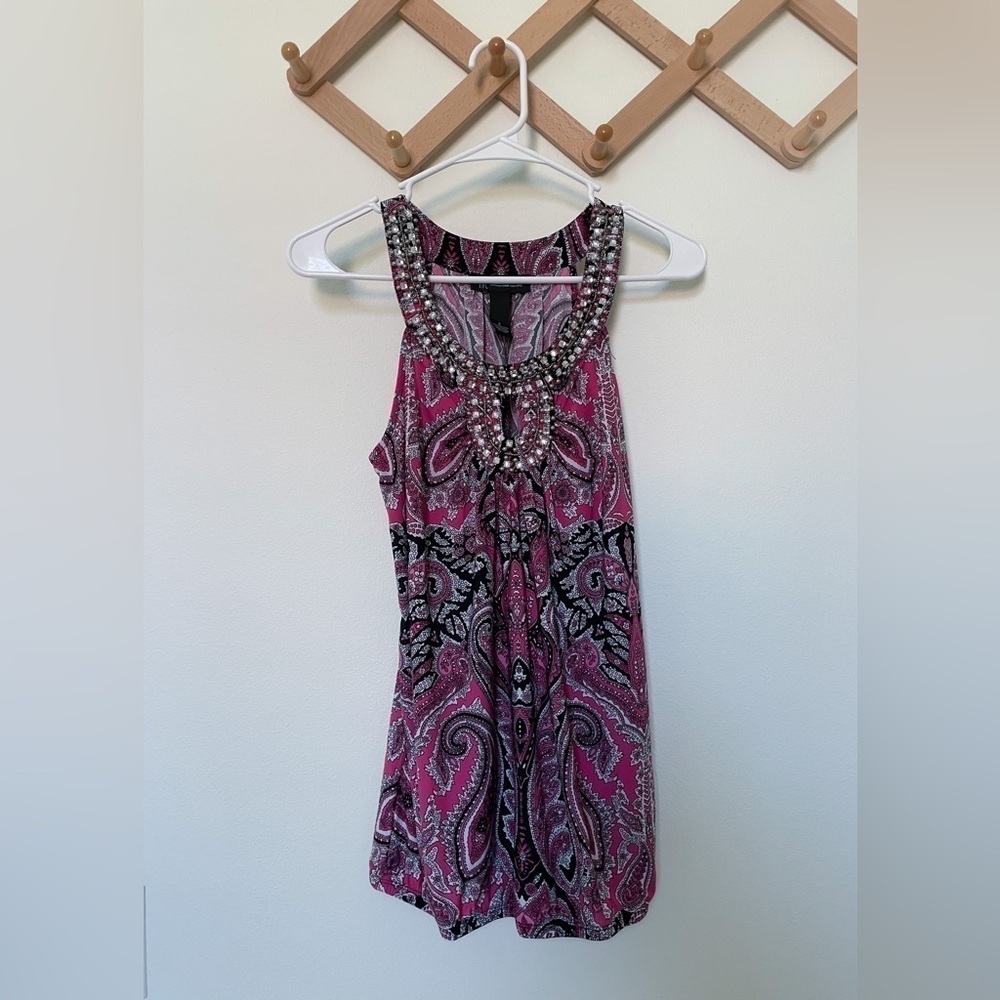 INC | Women's Jeweled Neckline Pink and Black Paisley Printed Top